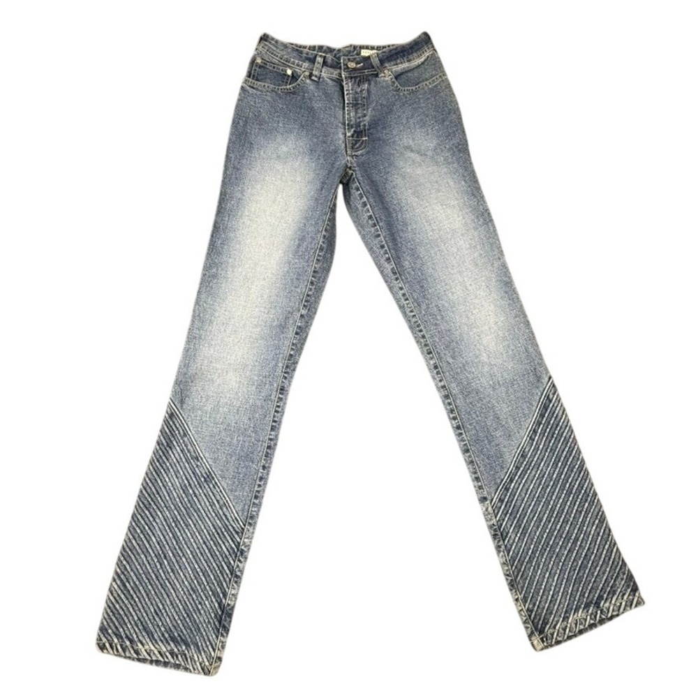 VTG Azzure Denim Womens Blue Moto Ribbed Paneled Straight Leg Jeans Size 26